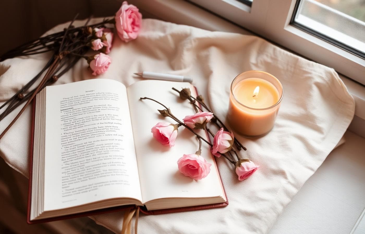 Open journal with dried flowers and a warm candle