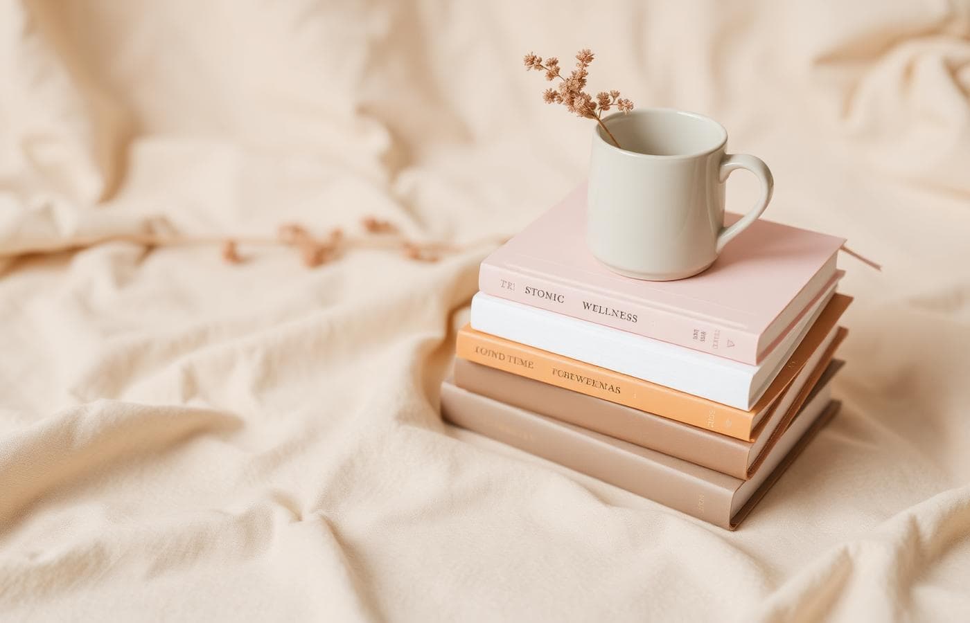Stack of soft-toned books with a warm mug and dried florals