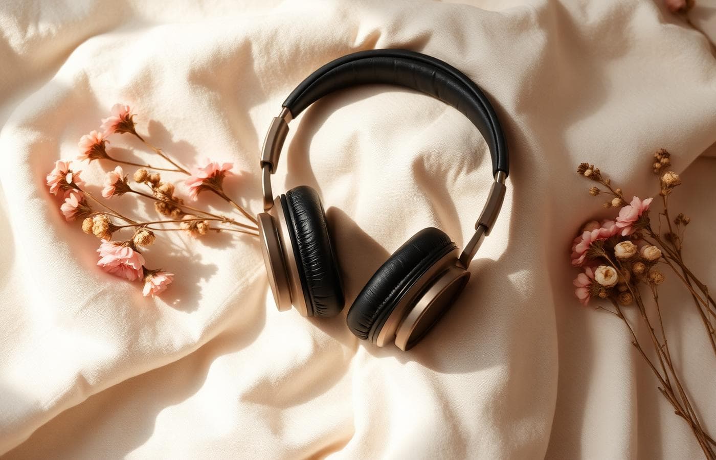 Warm headphones resting on soft linen with dried flowers