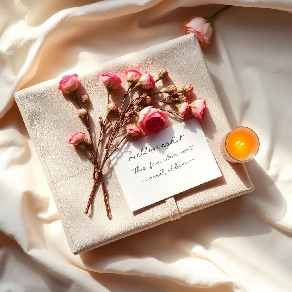 A softly lit membership welcome kit with dried roses on cream linen