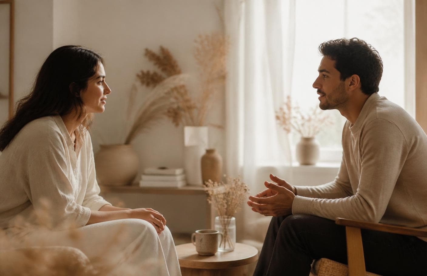 Two people having a gentle conversation in a warm, softly lit room