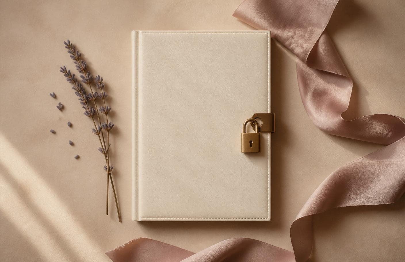 A closed cream journal with a small lock and a lavender sprig