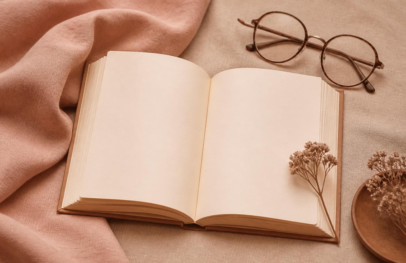 An open cream book with reading glasses and a dried flower on warm linen
